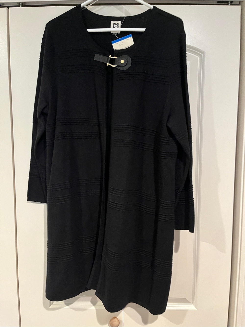 Anne Klein Black Long Open Cardigan with Decorative Buckle